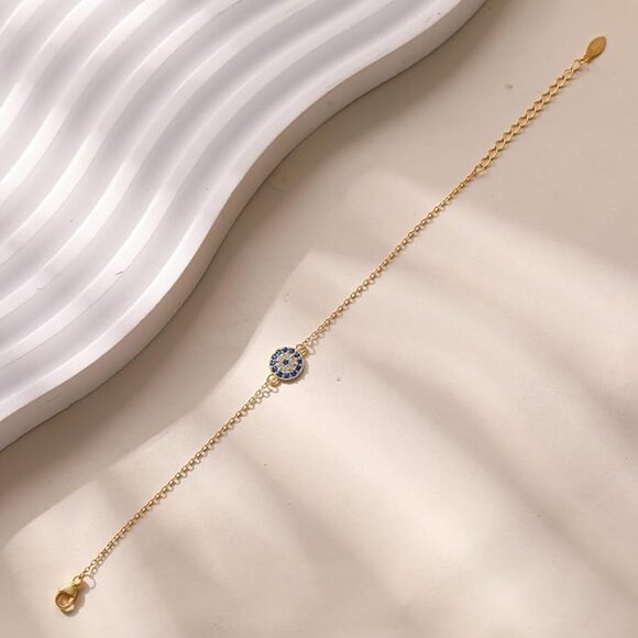 Gold Evil Eye Bracelet 925 Sterling Silver Blue CZ Link Chain NWT - Picture 2 of 5